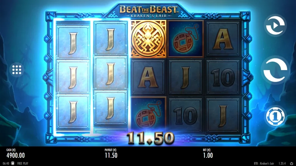 Beat the Beast: Kraken’s Lair: Jacks expand over the first two reels beside an Emblem on reel three and pay EUR 11.50