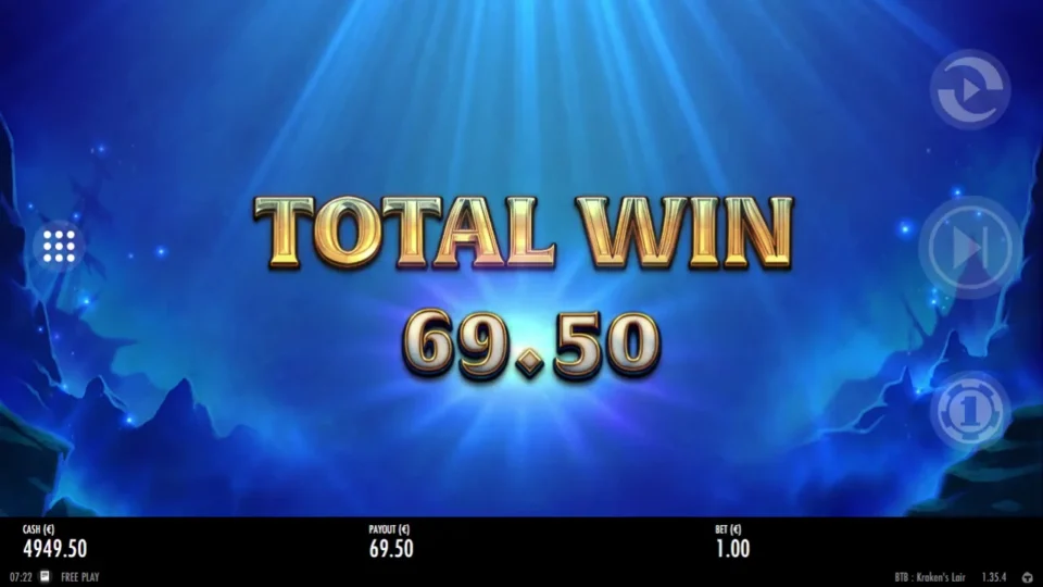 Beat the Beast: Kraken’s Lair: Ten free spins later the result screen reads TOTAL WIN 69.50