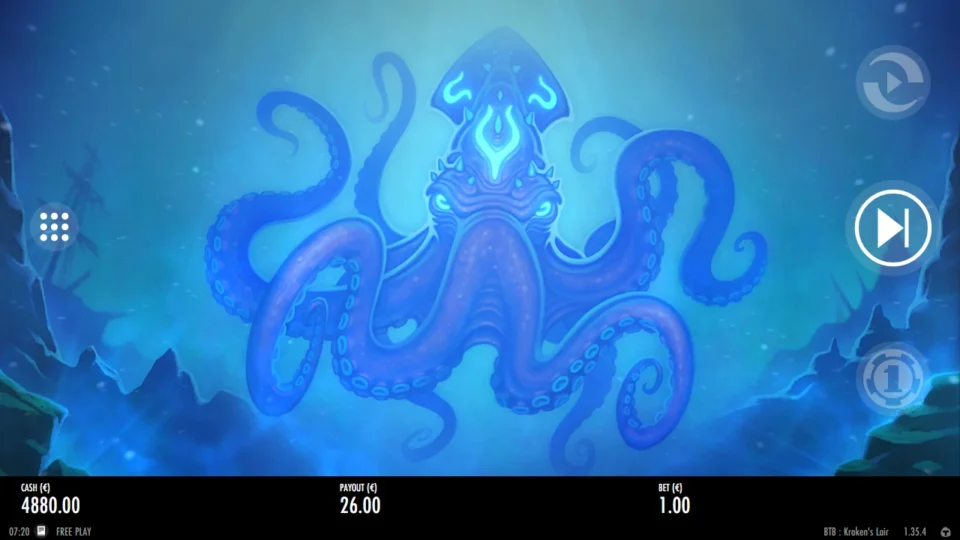 Beat the Beast: Kraken’s Lair: The Kraken rises over the reels as three Emblems open ten free spins, EUR 26.00 already on the payout line