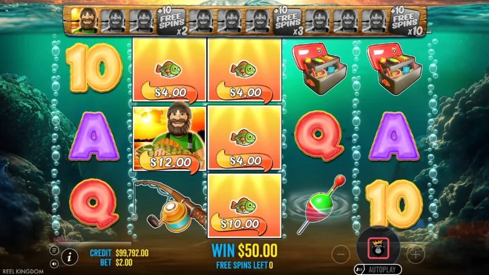 Big Bass Bonanza 1000: Last spin of the bought round, a fisherman on the second reel gathering four fish with the counter still at USD 50.00