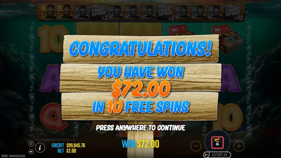 Big Bass Bonanza 1000: The bought round's result card, USD 72.00 in 10 free spins at a USD 2.00 bet