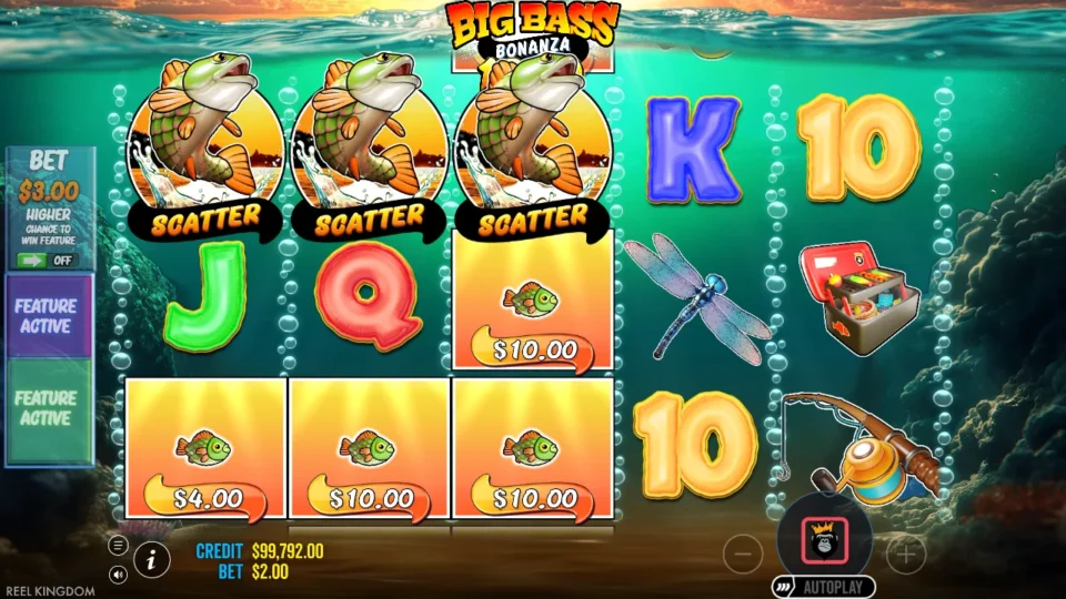 Big Bass Bonanza 1000: Three Scatters across the top row, guaranteed by the USD 200 purchase, above fish worth USD 4 to USD 10