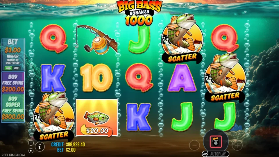 Big Bass Bonanza 1000: Three bass Scatters on the first, fourth and fifth reels start natural free spins, a USD 20 fish on the second reel