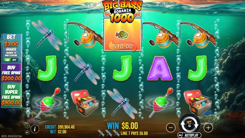 Big Bass Bonanza 1000: Three dragonflies on line 7 pay USD 6.00 at a USD 2.00 bet while a USD 10 fish waits on the middle reel