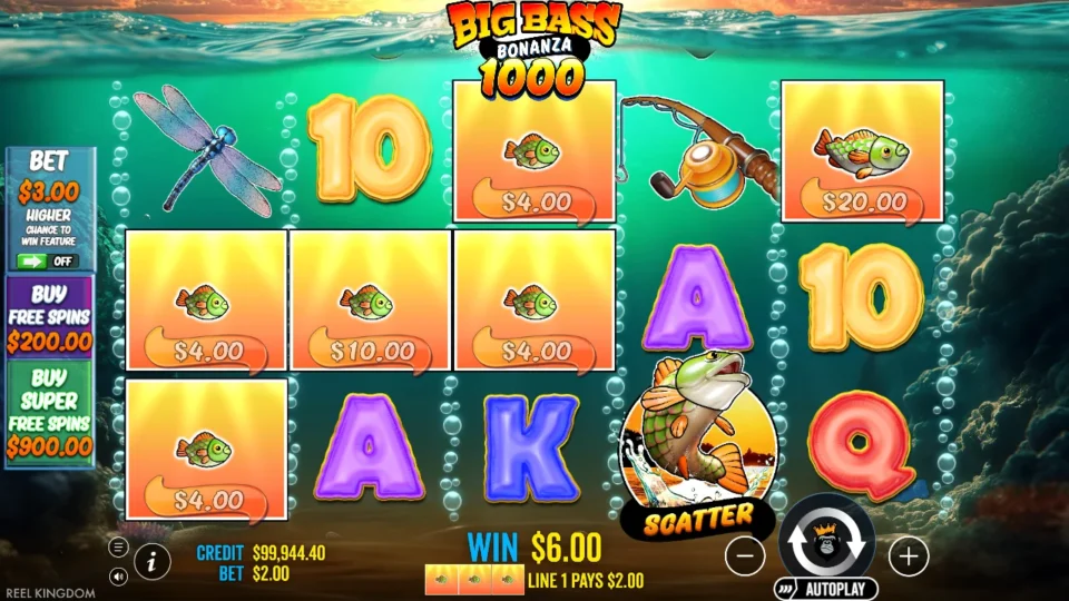 Big Bass Bonanza 1000: Three fish across the middle row pay USD 2.00 on line 1 inside a USD 6.00 spin, a Scatter on the fourth reel