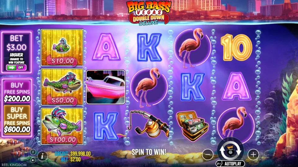 Big Bass Vegas Double Down Deluxe: Money fish occupy the first reel at a USD 2 bet, with Ante switched off