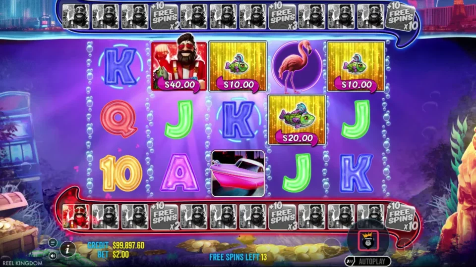 Big Bass Vegas Double Down Deluxe: A red Fisherman collects USD 40 from fish worth USD 10, USD 10 and USD 20