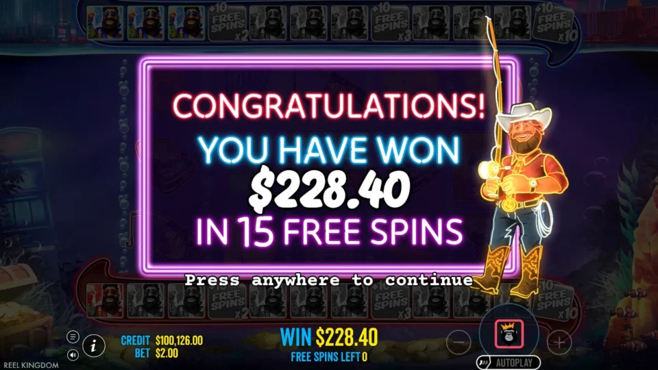 Big Bass Vegas Double Down Deluxe: The purchased bonus result is USD 228.40 after fifteen free spins