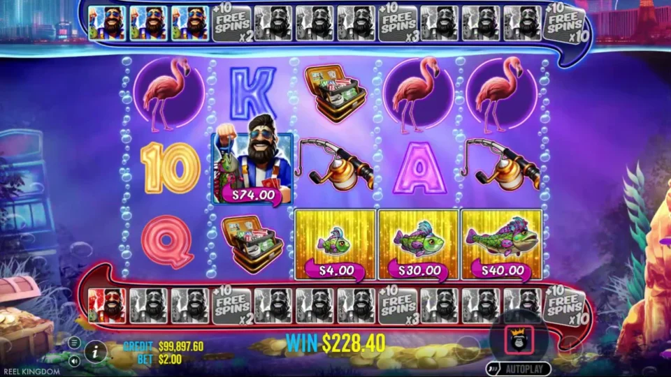 Big Bass Vegas Double Down Deluxe: Three blue portraits and one red remain on separate trails after the USD 74 catch