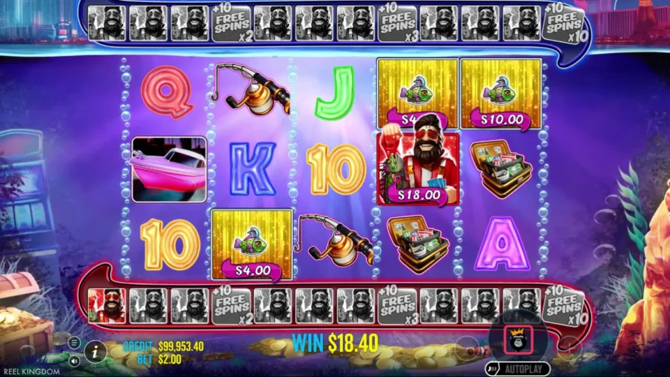 Big Bass Vegas Double Down Deluxe: The red Fisherman collects USD 18 from three fish, lifting the free spins total to USD 18.40