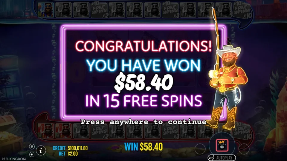 Big Bass Vegas Double Down Deluxe: Fifteen naturally triggered free spins close at USD 58.40