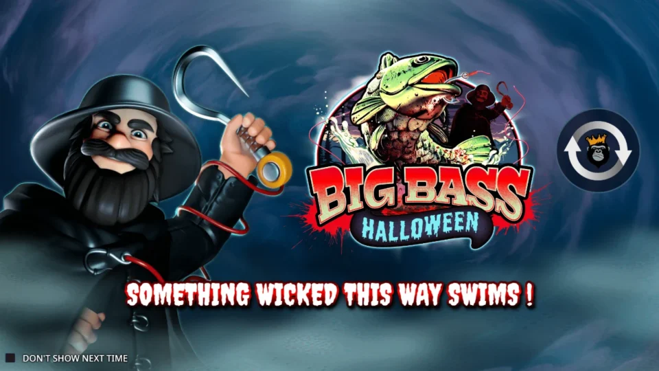 Big Bass Halloween: Opening slide of the demo, the black-hatted fisherman raising his gaff hook beside the words Something Wicked This Way Swims