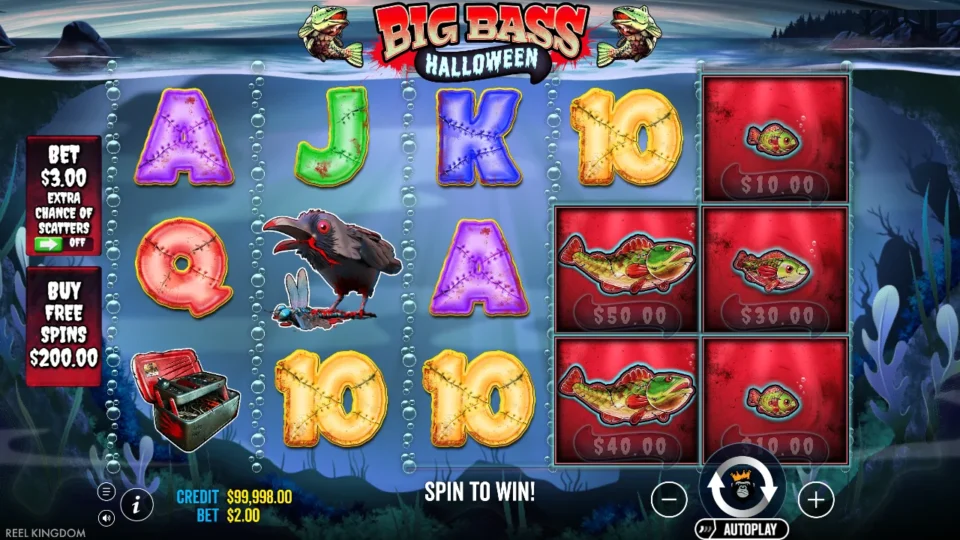 Big Bass Halloween: Base-game play at a USD 2.00 bet with five fish worth USD 10 to USD 50 on reels 4 and 5