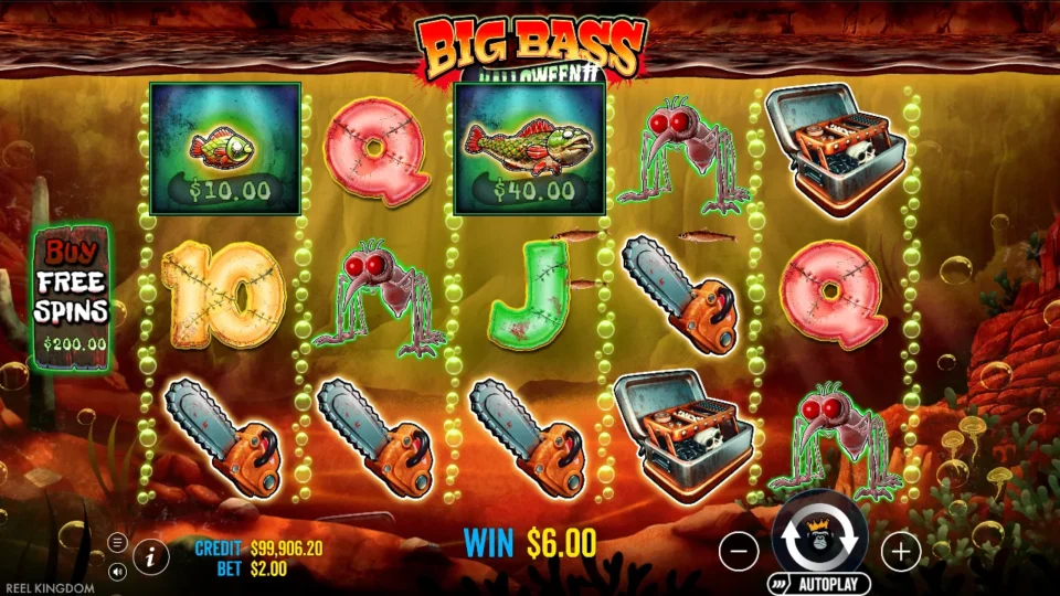 Big Bass Halloween 2: Three bottom-row Chainsaws pay USD 6 while the fish values remain uncollected
