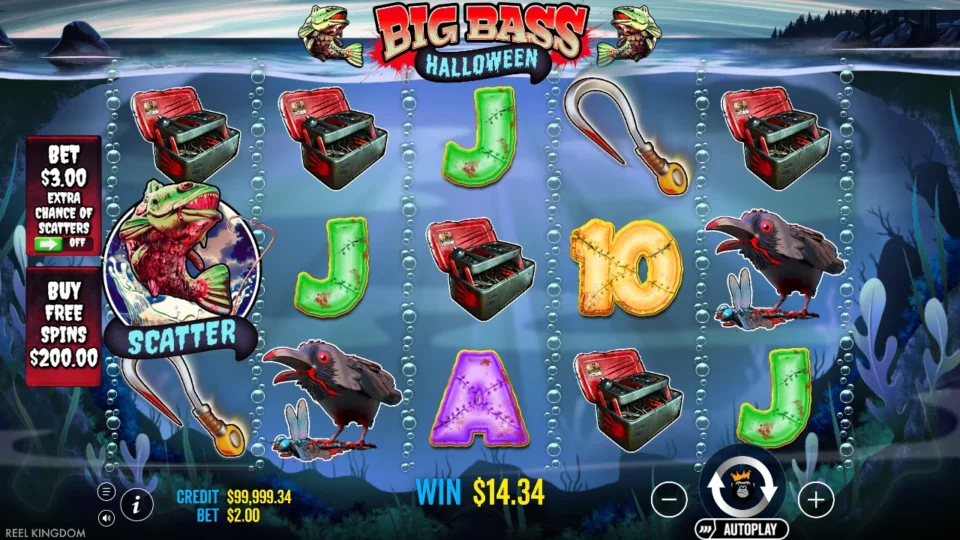 Big Bass Halloween: A tackle box on every reel and a Scatter on the first, the win counter still rising at USD 14.34
