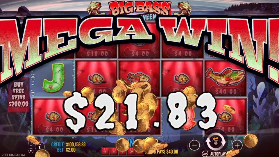 Big Bass Halloween: MEGA WIN counting through USD 21.83 in the base game while the readout shows five fish paying USD 40.00 on a line