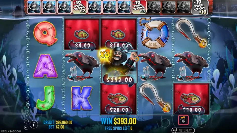 Big Bass Halloween: An x3 fisherman on reel 3 gathers fish of USD 4, 10, 20 and 30 for USD 192.00 with 8 free spins left