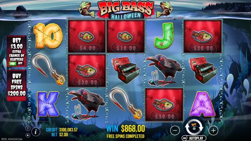 Big Bass Halloween: Back on the base reels after the bought bonus, WIN USD 868.00 and FREE SPINS COMPLETED under fish of USD 4 to USD 30