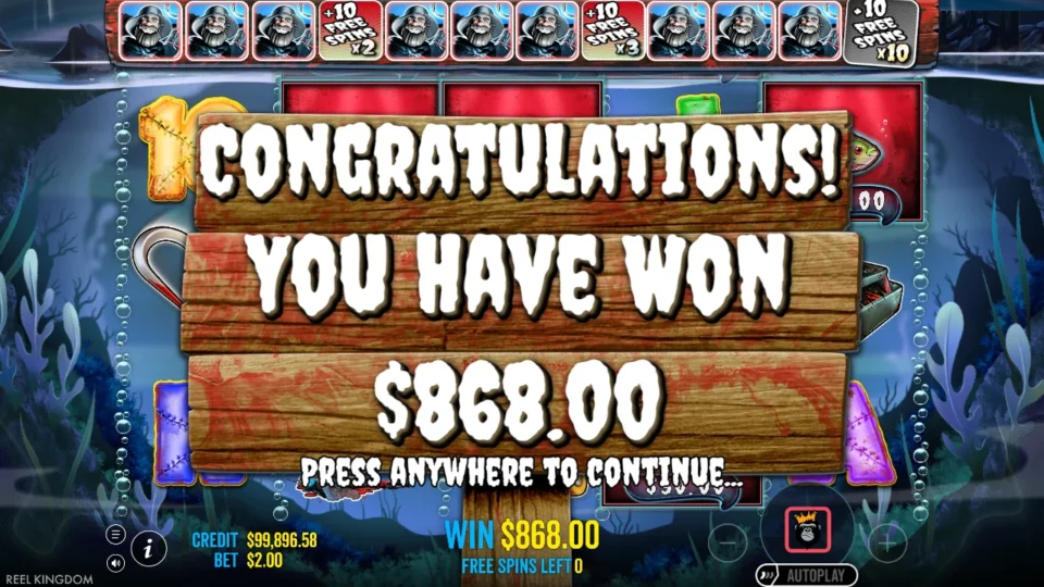 Big Bass Halloween: USD 868.00 on the Congratulations sign as the bought bonus's result, x2 and x3 lit in the top bar and x10 still grey
