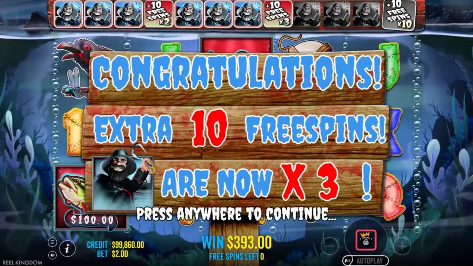 Big Bass Halloween: Sign announcing ten extra free spins at x3 after the eighth fisherman of a bought bonus, the win box at USD 393.00