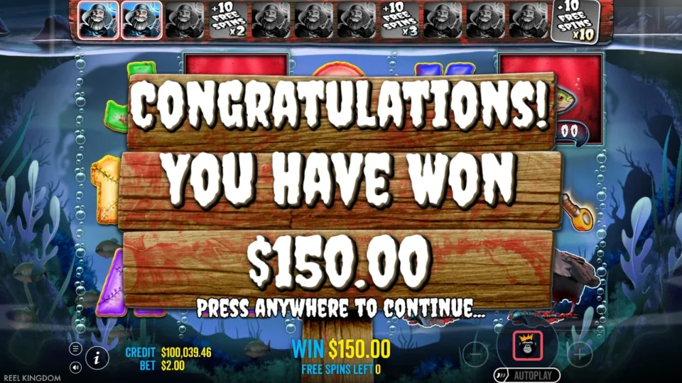 Big Bass Halloween: Two fishermen lit in the top bar as a natural bonus ends with USD 150.00 on the Congratulations sign