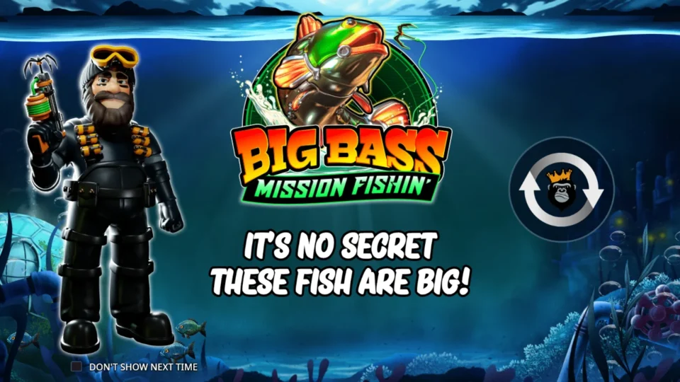 Big Bass Mission Fishin': IT'S NO SECRET THESE FISH ARE BIG! on the intro card, beside a bearded fisherman in a black diving suit holding a grappling gun