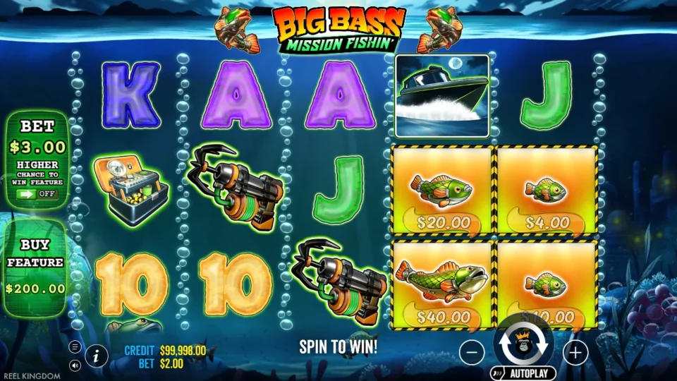 Big Bass Mission Fishin': Four fish valued USD 4 to USD 40 on reels 4 and 5 at a USD 2.00 bet, with the BUY FEATURE sign at USD 200.00 and the BET USD 3.00 switch off