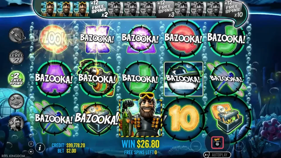 Big Bass Mission Fishin': BAZOOKA! hits every symbol except the fisherman Wild on the last of 12 free spins, with no fish on the reels and USD 26.80 won so far