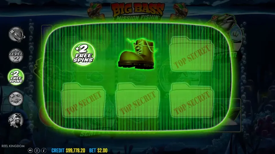 Big Bass Mission Fishin': +2 FREE SPINS in the first TOP SECRET folder and a boot in the second, which ends the upgrade picks with four folders still shut