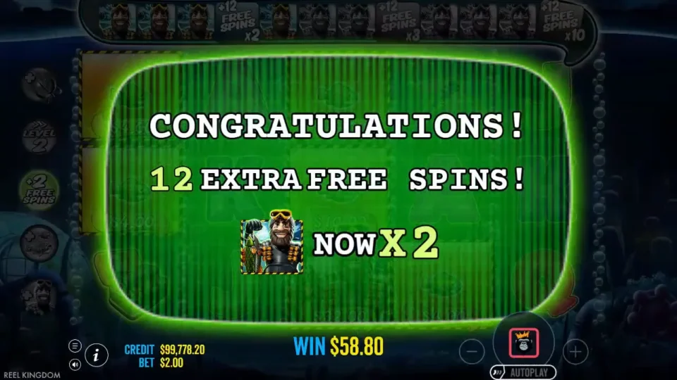 Big Bass Mission Fishin': 12 EXTRA FREE SPINS card after the fourth fisherman, the collect now x2 and the win box at USD 58.80