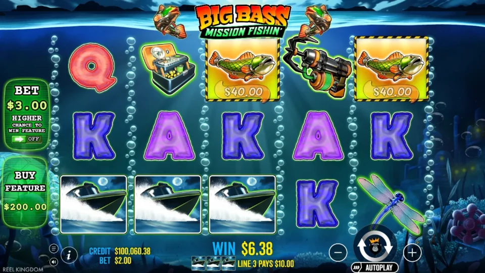 Big Bass Mission Fishin': Three speedboats along the bottom row pay USD 10.00 on line 3 while the win box is still counting at USD 6.38