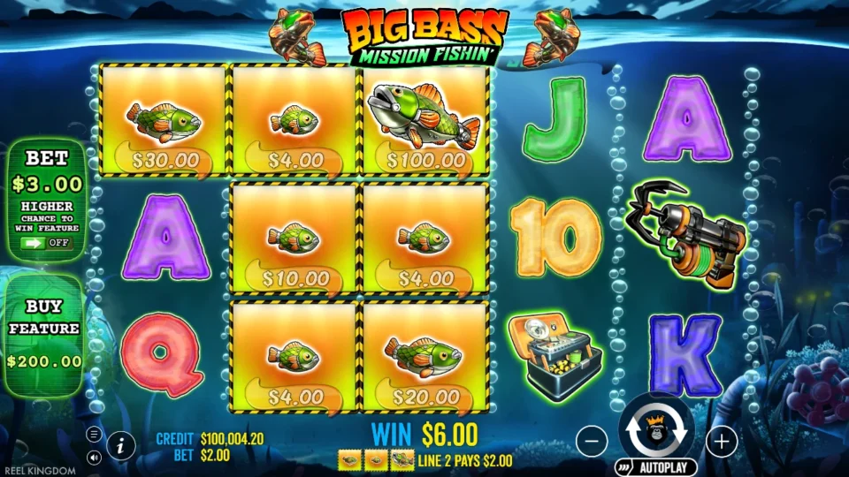Big Bass Mission Fishin': Three fish on the top row pay USD 2.00 on line 2 of a spin that won USD 6.00 at a USD 2.00 bet, their USD 30, USD 4 and USD 100 tags payable only in free spins