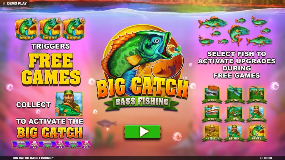 Big Catch Bass Fishing: The opening panel explains the three Bonus triggers, the Fisherman collect and the nine Pick a Fish upgrades