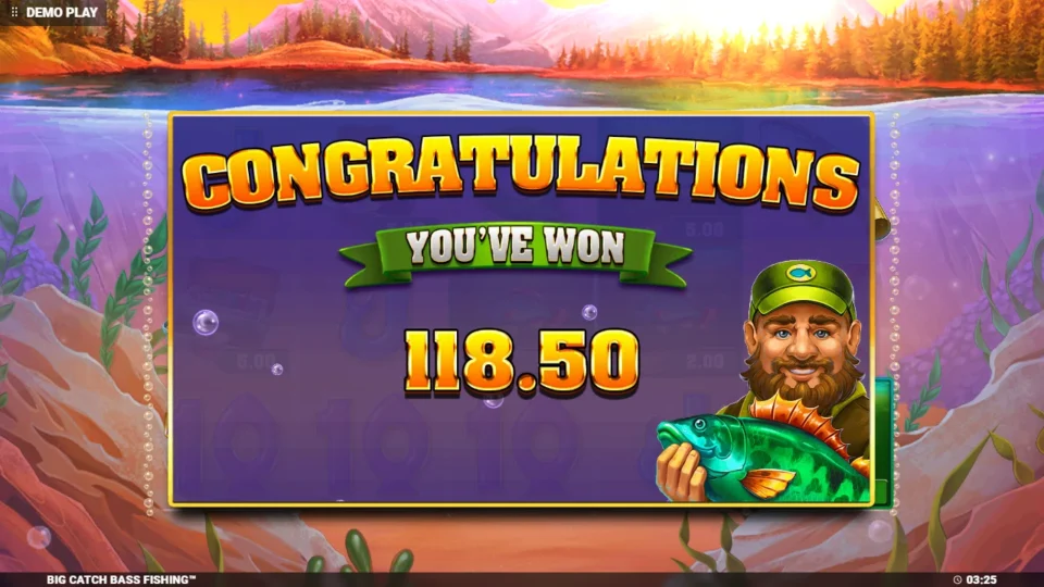 Big Catch Bass Fishing: Congratulations board with the 118.50 result of the purchased feature on a USD 1.00 stake
