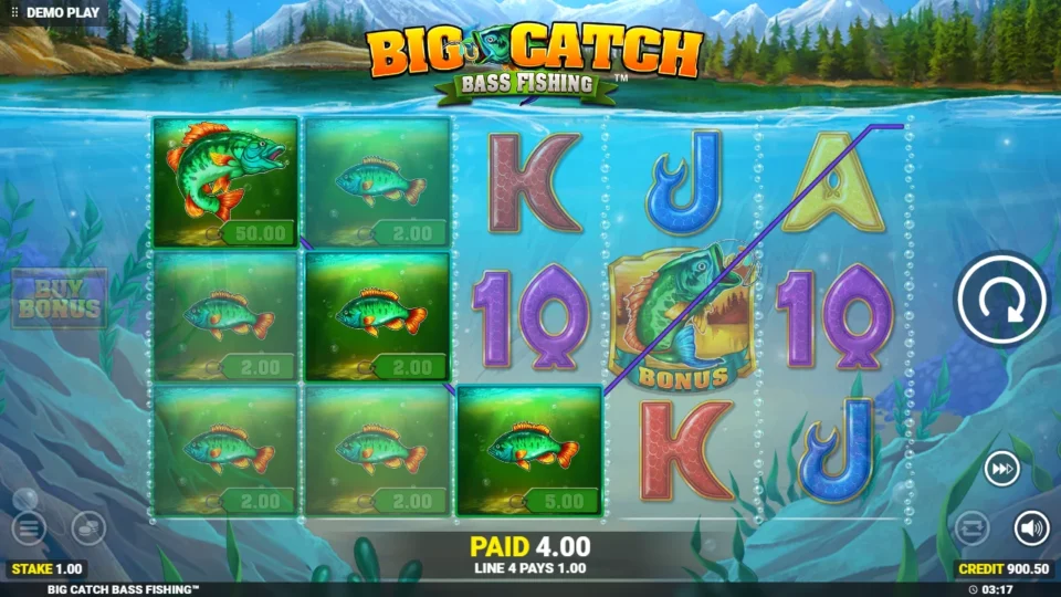 Big Catch Bass Fishing: Fish along line 4 pay USD 4.00 while a Bonus symbol sits on reel four without company