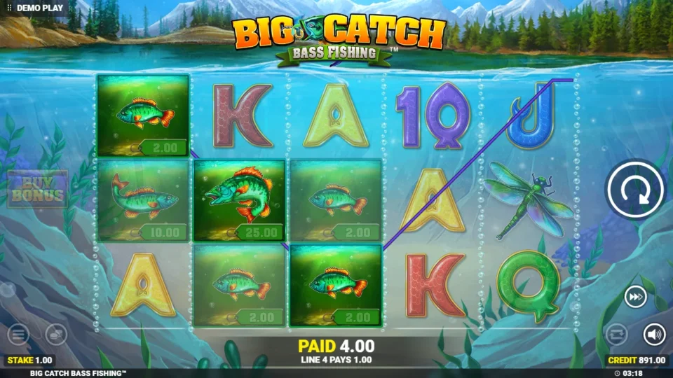 Big Catch Bass Fishing: Another line-4 fish win of USD 4.00 with a 25.00 tag on reel two that nobody collects outside the feature