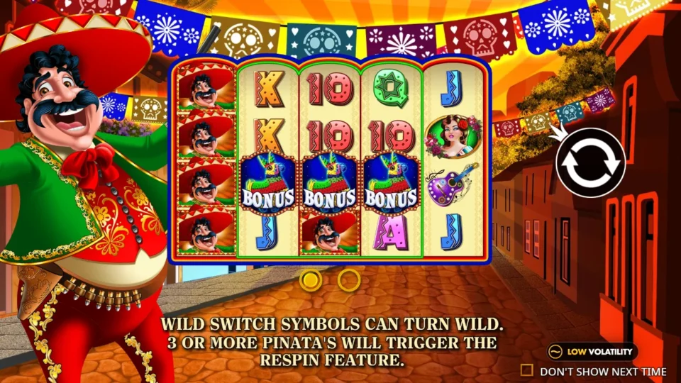 Big Juan: Four Juan symbols stacked on reel 1 and three BONUS piñatas across reels 2 to 4 on the slide that introduces Wild Switch