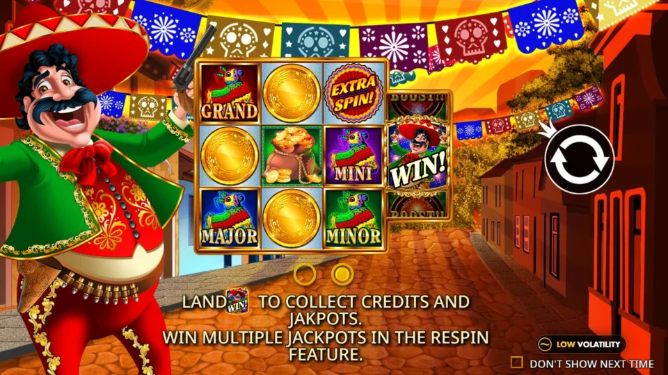 Big Juan: Intro slide of the respin bonus grid, GRAND, MAJOR, MINOR and MINI piñatas around the bag of coins and a WIN symbol on the side reel
