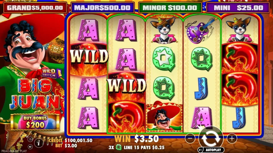 Big Juan: Jackpot bars for GRAND USD 5,000, MAJOR USD 500, MINOR USD 100 and MINI USD 25 above the base reels at a USD 2.00 bet in the demo