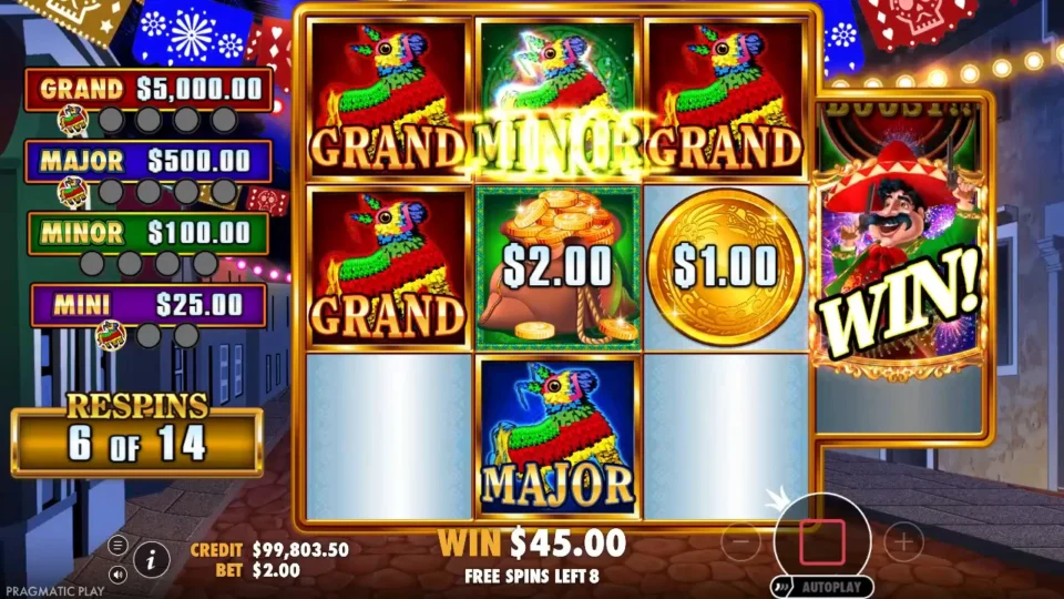 Big Juan: WIN on the side reel next to three GRAND piñatas, a MINOR and a MAJOR at respin 6 of 14, the bag holding USD 2.00