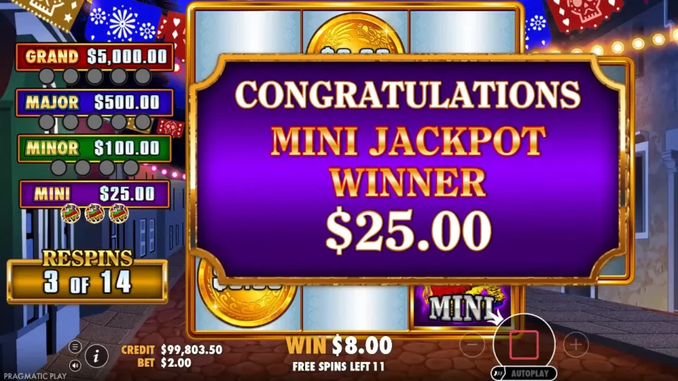 Big Juan: MINI jackpot card for USD 25.00 on respin 3 of 14, three piñatas filling the MINI meter