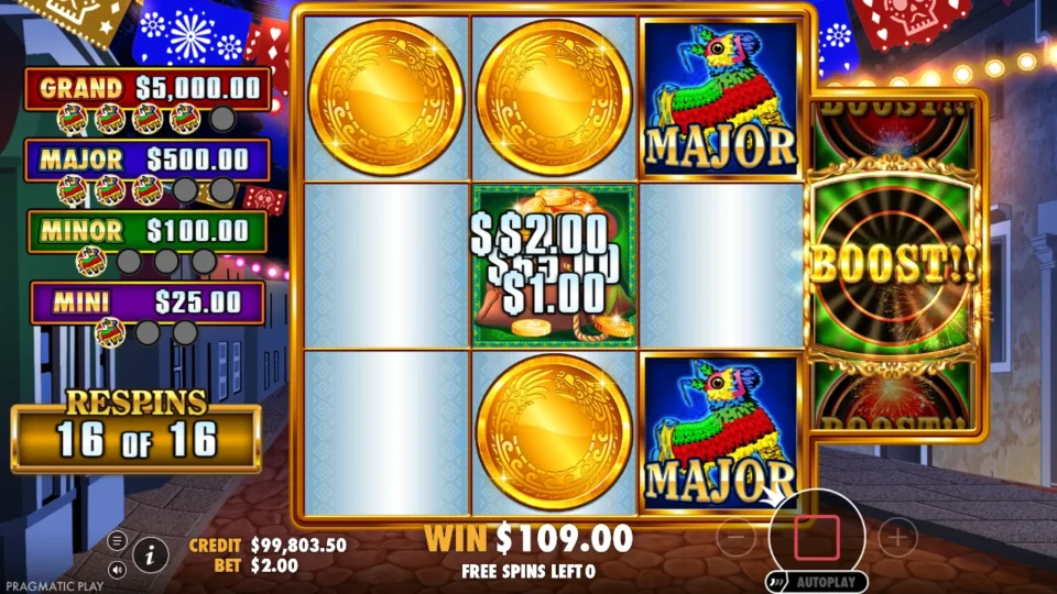Big Juan: Purchase result of USD 109.00 after respin 16 of 16, the GRAND meter one piñata short of its five