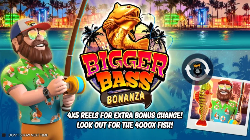 Bigger Bass Bonanza: Opening slide of the fisherman in a Hawaiian shirt beside a golden bass, promising a 4000x fish on 4x5 reels