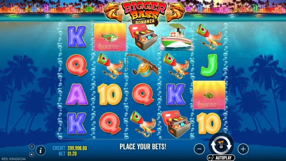 Bigger Bass Bonanza: Four rows over five reels at a USD 1.20 bet at the start of the demo session, a USD 12 fish on the second reel and a USD 6 fish on the fifth