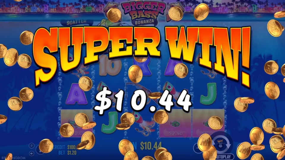 Bigger Bass Bonanza: Super Win banner at USD 10.44 and climbing over a base spin at a USD 1.20 bet