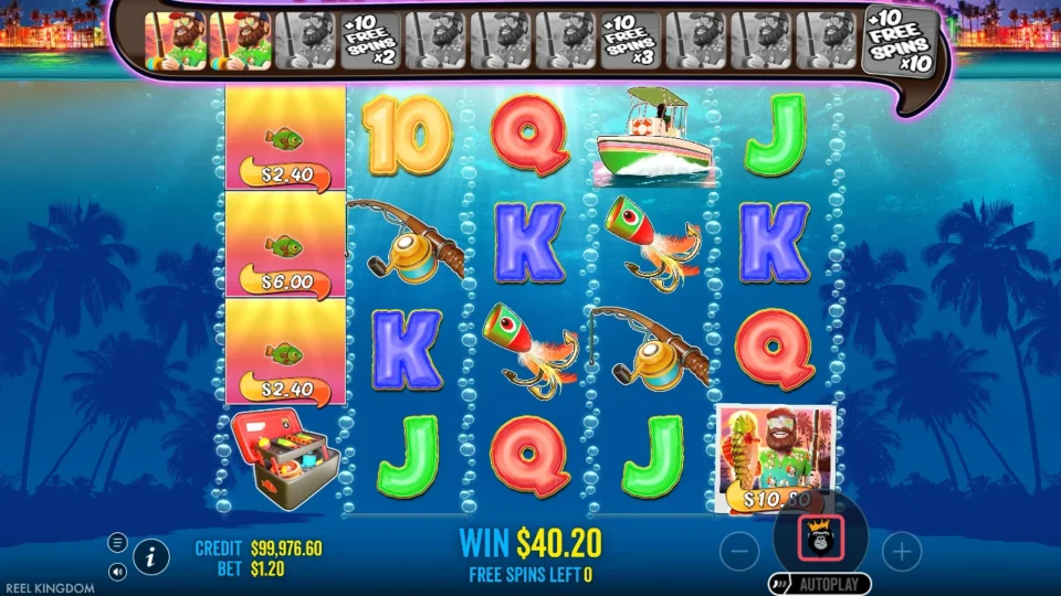 Bigger Bass Bonanza: Last free spin before the result, the fisherman on the fifth reel taking a USD 10.80 fish with the counter at USD 40.20