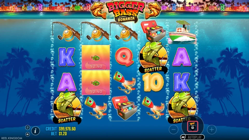 Bigger Bass Bonanza: Scatters on reels one, four and five open the free spins, with two USD 2.40 fish stacked on the second reel