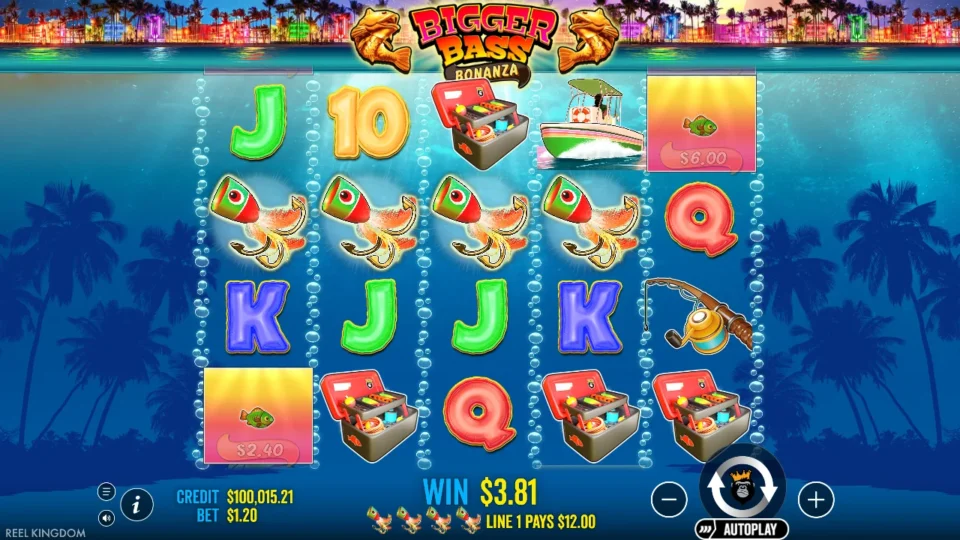 Bigger Bass Bonanza: Four lures along the second row pay USD 12.00 on line 1 at a USD 1.20 bet
