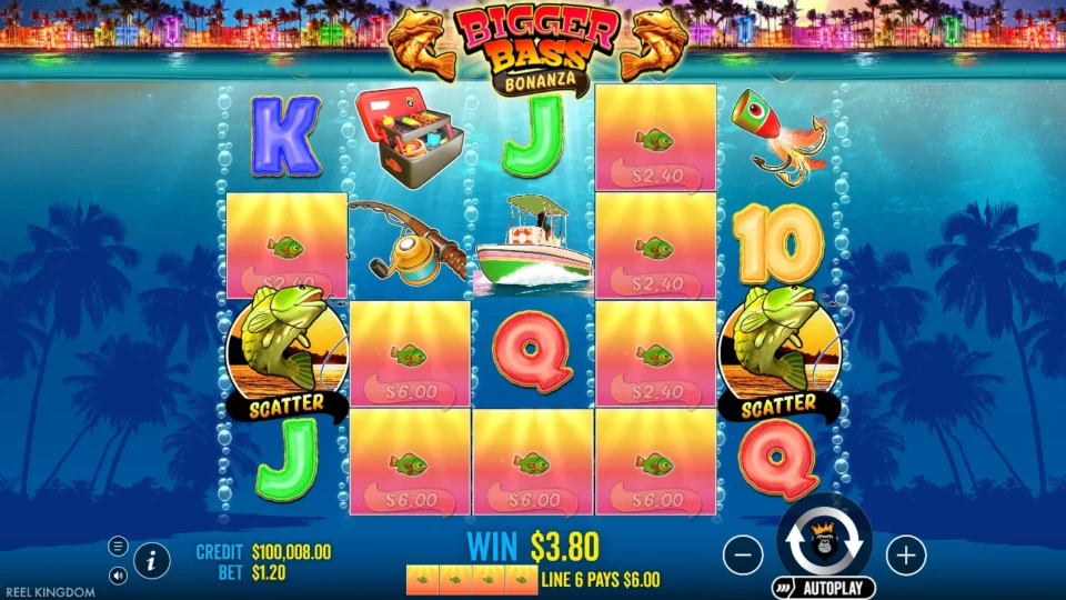 Bigger Bass Bonanza: A line of four fish pays USD 6.00 on line 6, Scatters on the first and fifth reels waiting for a third