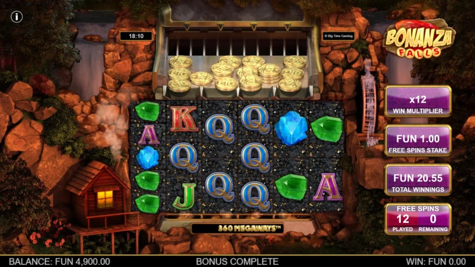 Bonanza Falls: The bought bonus result, FUN 20.55 after 12 spins with the win multiplier at x12